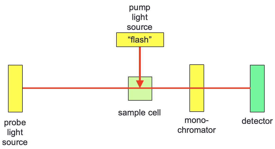 Flash photolysis setup, with a pump light source exciting the sample orthogonally to the probe.