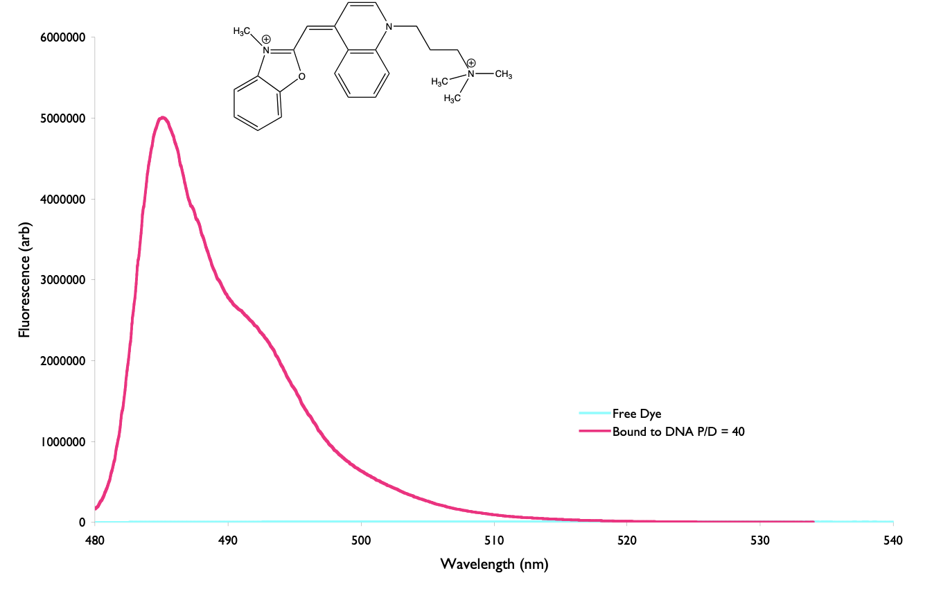 The emission of YO-Pro-1 iodide when bound to DNA (pink) and when in free solution (blue), the steady state intensity  when bound to DNA is 1200 times larger than in free solution, this corresponds to an increase in the fluorescence lifetime from 2 ps in free solution to 2.4 ns when bound to DNA.