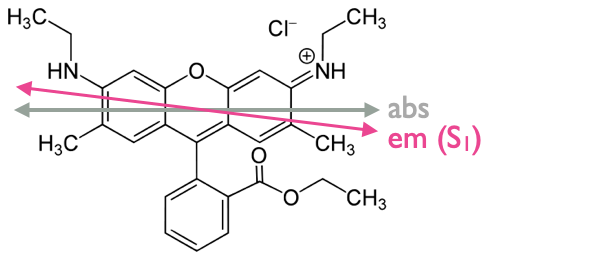 The chromaphore rhoadamine 6G has a small offset in the transition dipole omoment of HOMO-LUMO absorbance and fluorescence emisison..