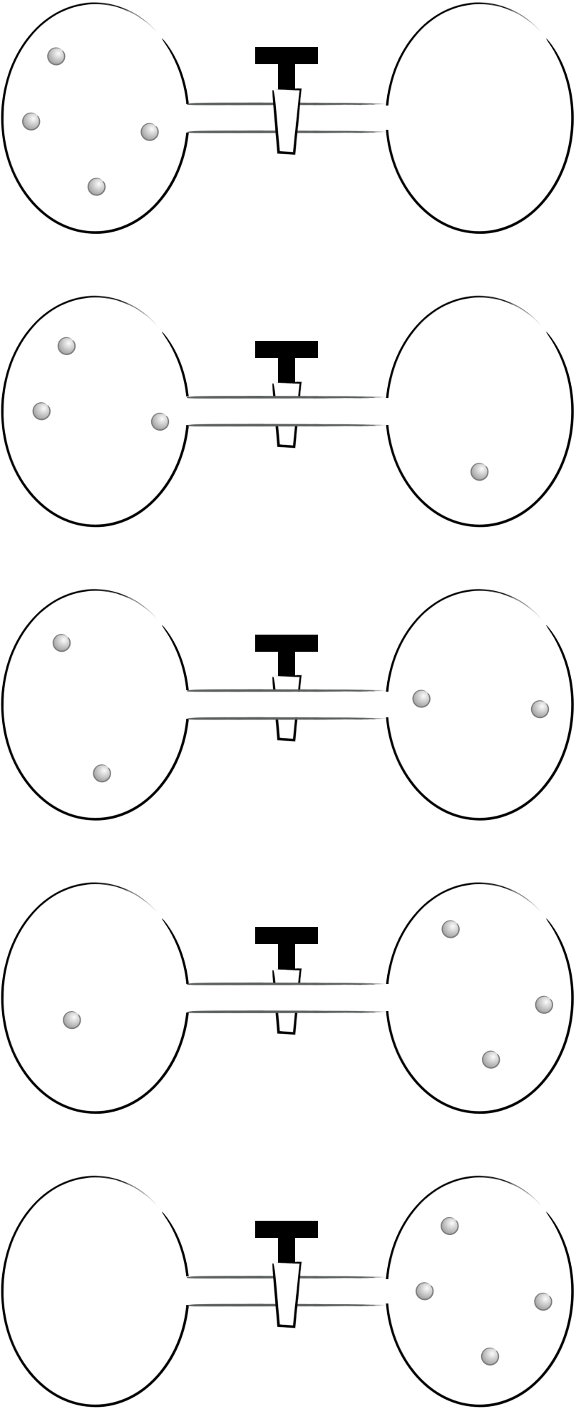 There are five possible ways of aranging four particles between two bulbs.