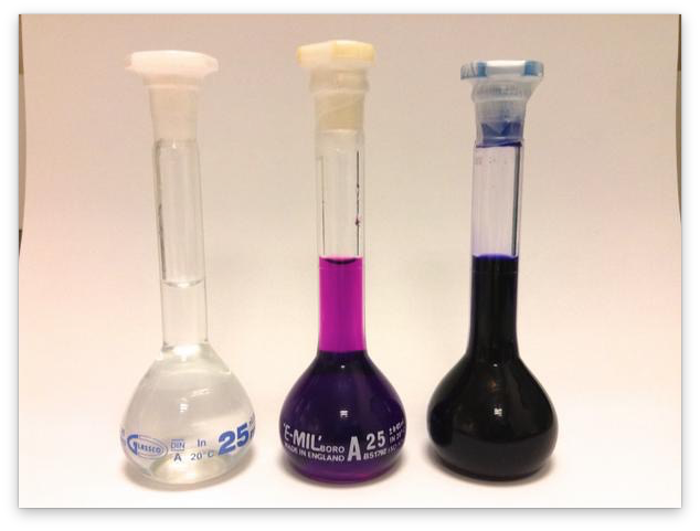 1 mM solutions of the organic dye methylene blue (right), potassium permanganate (centre) and copper hexa-aqua (left).