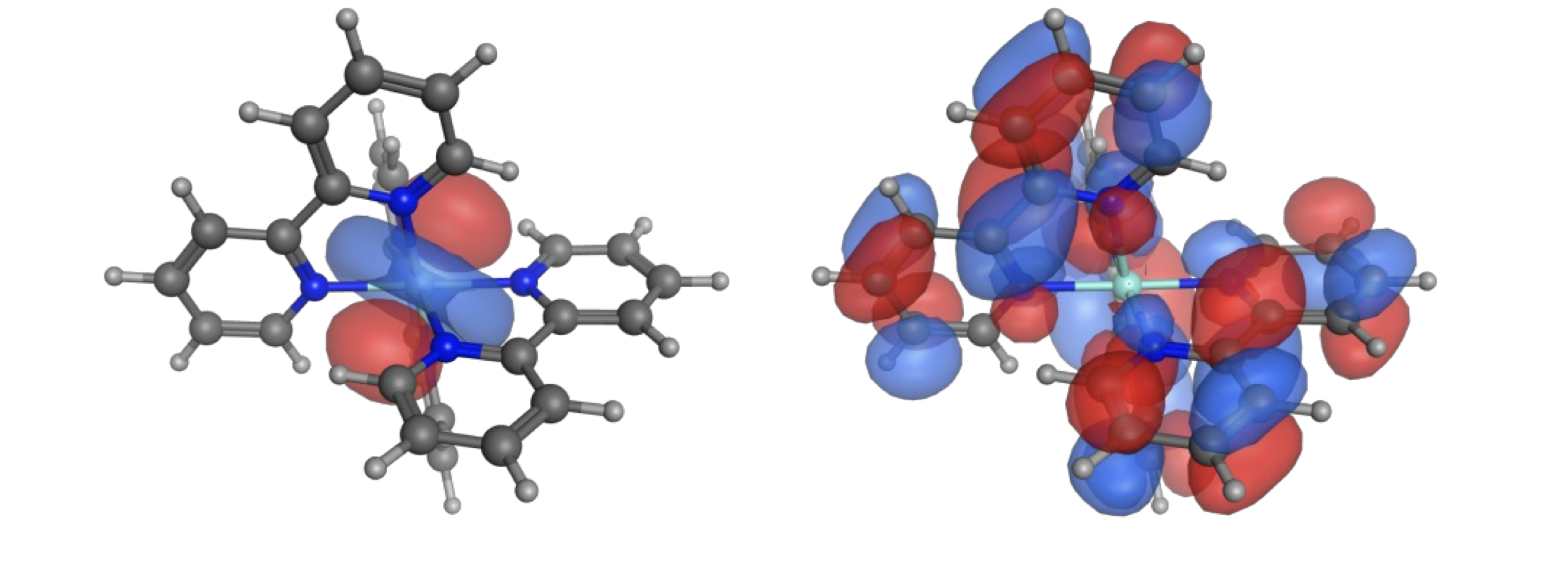 The HOMO (left) and LUMO (right) of ruthenium (II) tris bipyridine clearly showing the MLCT nature of the transition.