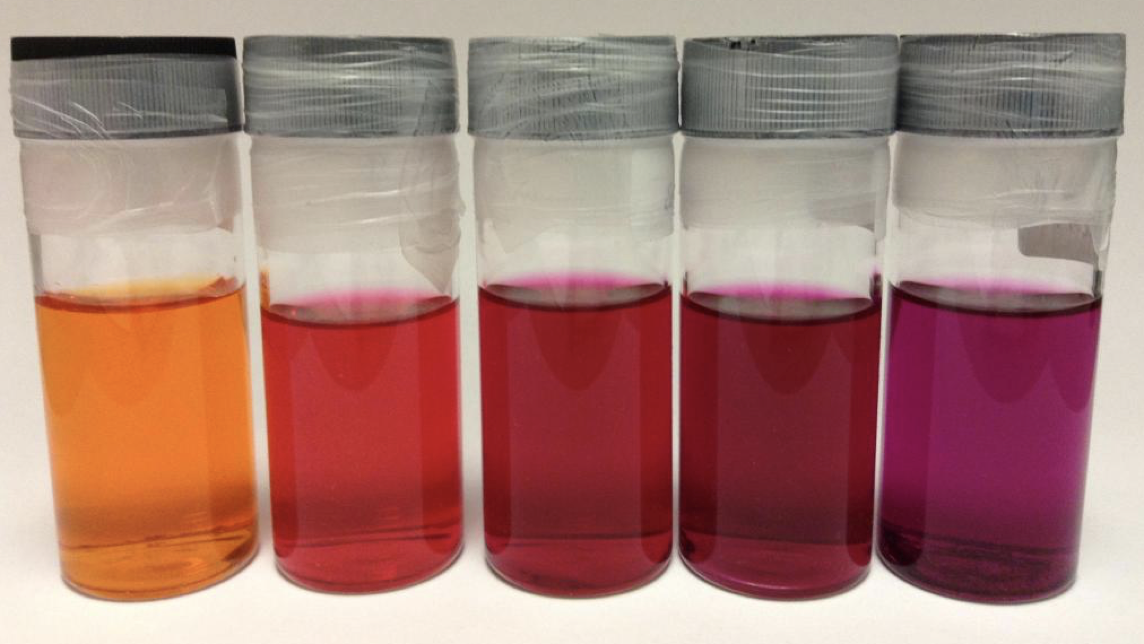 Ethidium bromide dissolved in from right; water(orange), methanol, ethanol, propanol and butanol(purple)