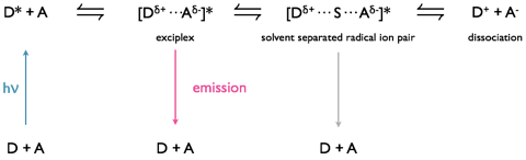 Formation of an exciplex from an excited state donor and ground state acceptor chromophore. The exciplex has a small charge separation leading to a dipole over the excited state complex, under some circumstances with the introduction of solvent between the chromophores in the exciplex this can then go on to form a solvent separated radical ion pair which may then go on to form a charge separated redox pair.