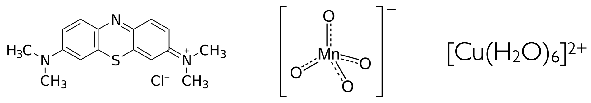 The structures of the organic dye methylene blue (left), potassium permanganate (centre) and copper hexa-aqua (right).