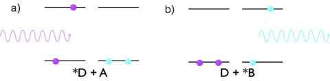 The mechanism of Förster resonance energy transfer. a) A donor molecule (purple) is excited by absorption of a photon into an excited state, there is a dipole dipole interaction with the acceptor molecule (blue) which is initially in the ground state. b) the product of energy transfer with the acceptor now in an excited state which is now capable of emission of a photon of lower energy.
